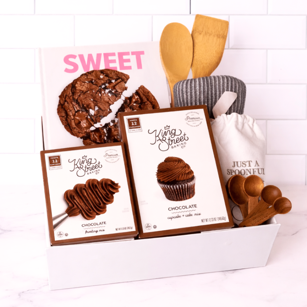 Baking set with King Sweets chocolate products on a white background