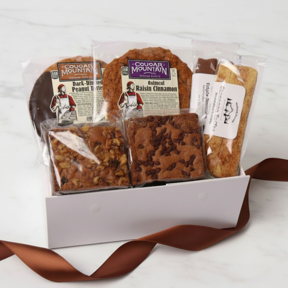 fresh bakery gift box with oversized cookies, chocolate brownies and biscotti