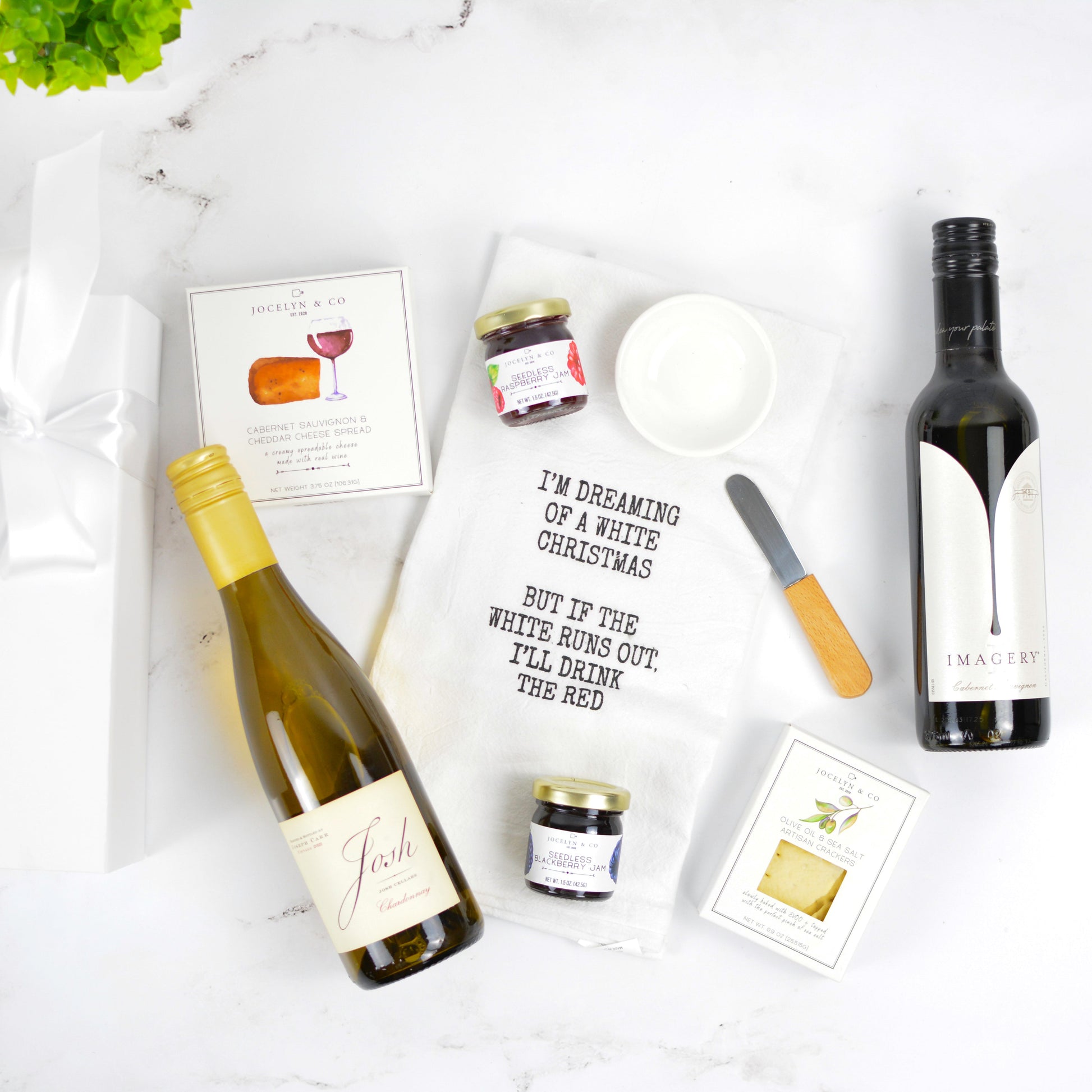 Holiday Cheer Wine & Gourmet food Gift Box with cheese, crackers, red wine, white wine, spreads and spreading knife with seasonal towel