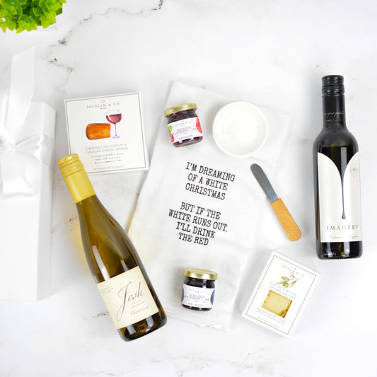 Holiday Cheer Wine & Gourmet food Gift Box with cheese, crackers, red wine, white wine, spreads and spreading knife with seasonal towel