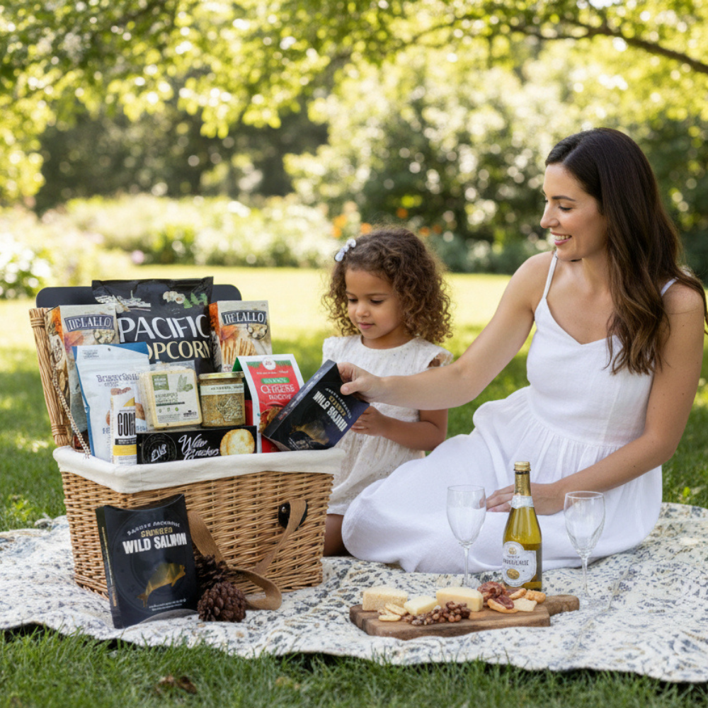 Woman and child enjoying a picnic with a basket of food and a bottle of wine in a park.