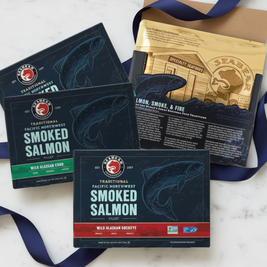 Collection of smoked salmon packages with branding on a marble surface