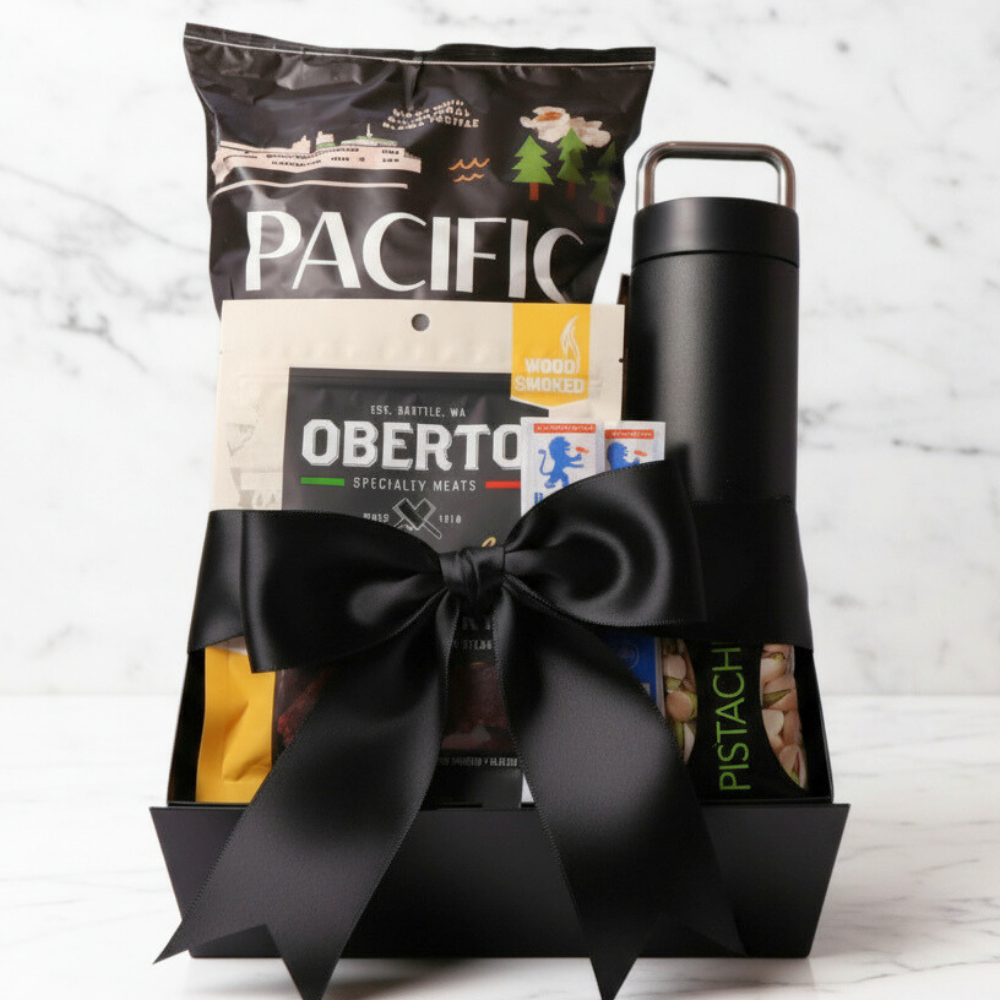 Gift set with Oberto meat package, Pacific brand snack, and black thermos on a white marble background