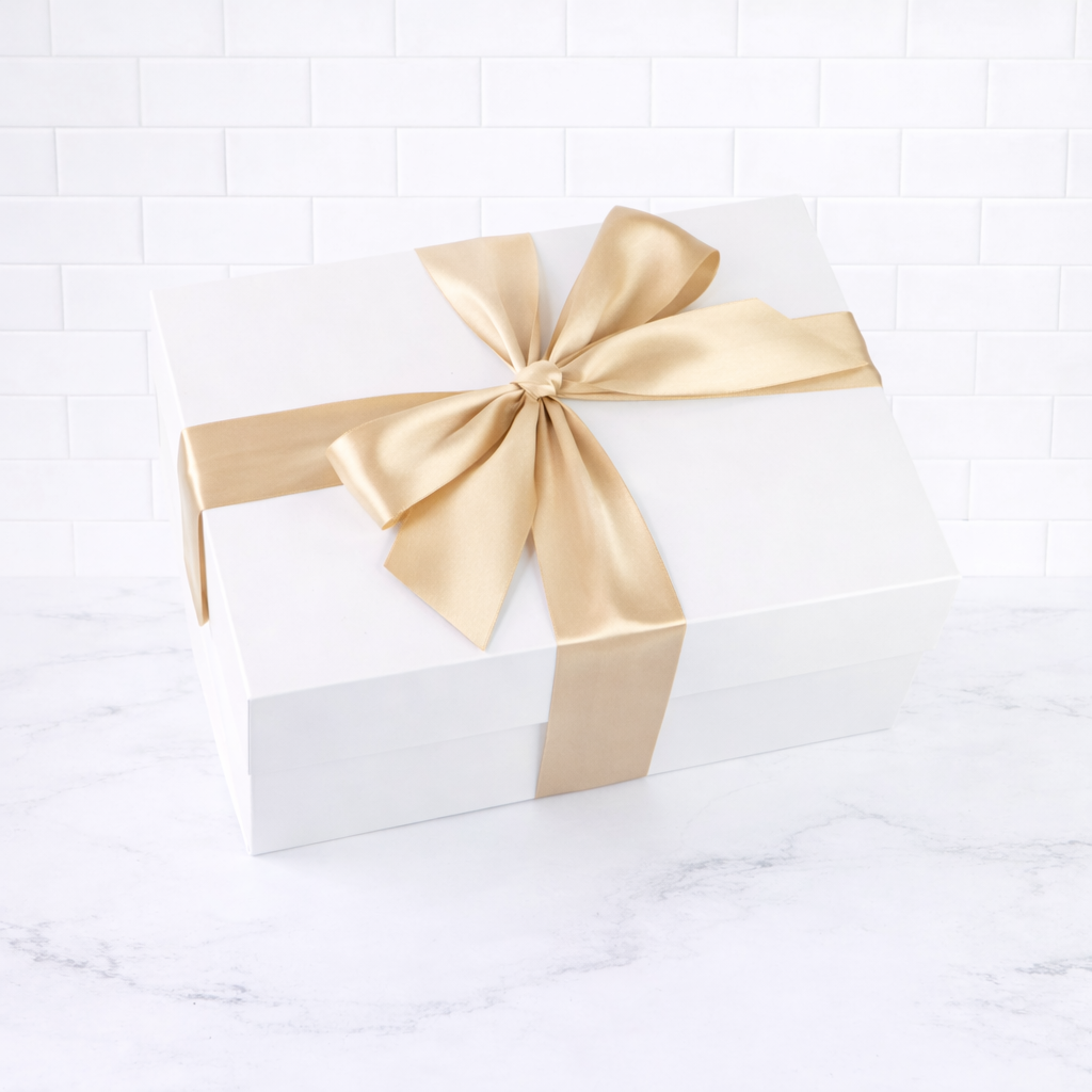 White gift box with a gold ribbon on a white marble surface